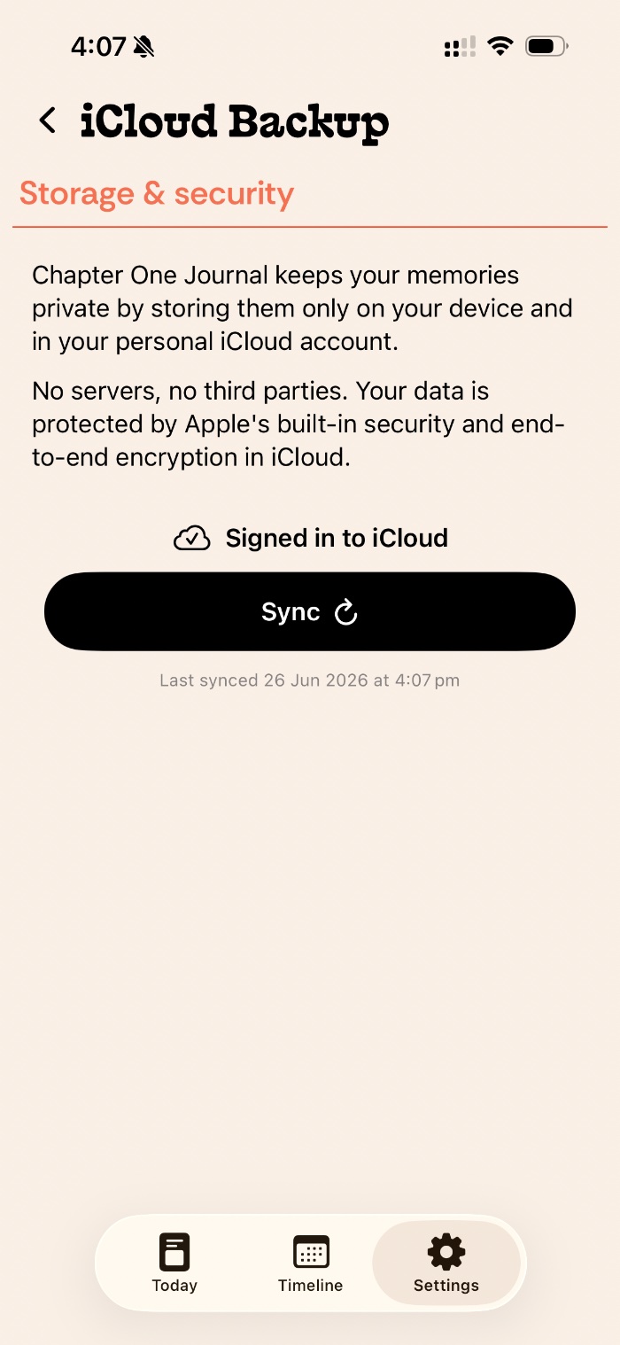 Chapter One iCloud Backup settings: memories stored privately in your own iCloud