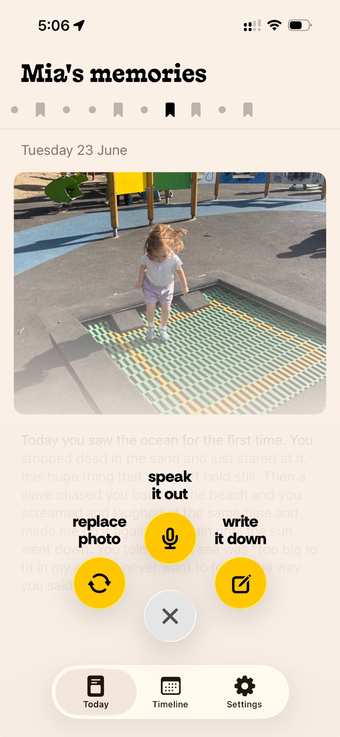 Chapter One quick-capture menu: speak it out, write it down, or replace photo