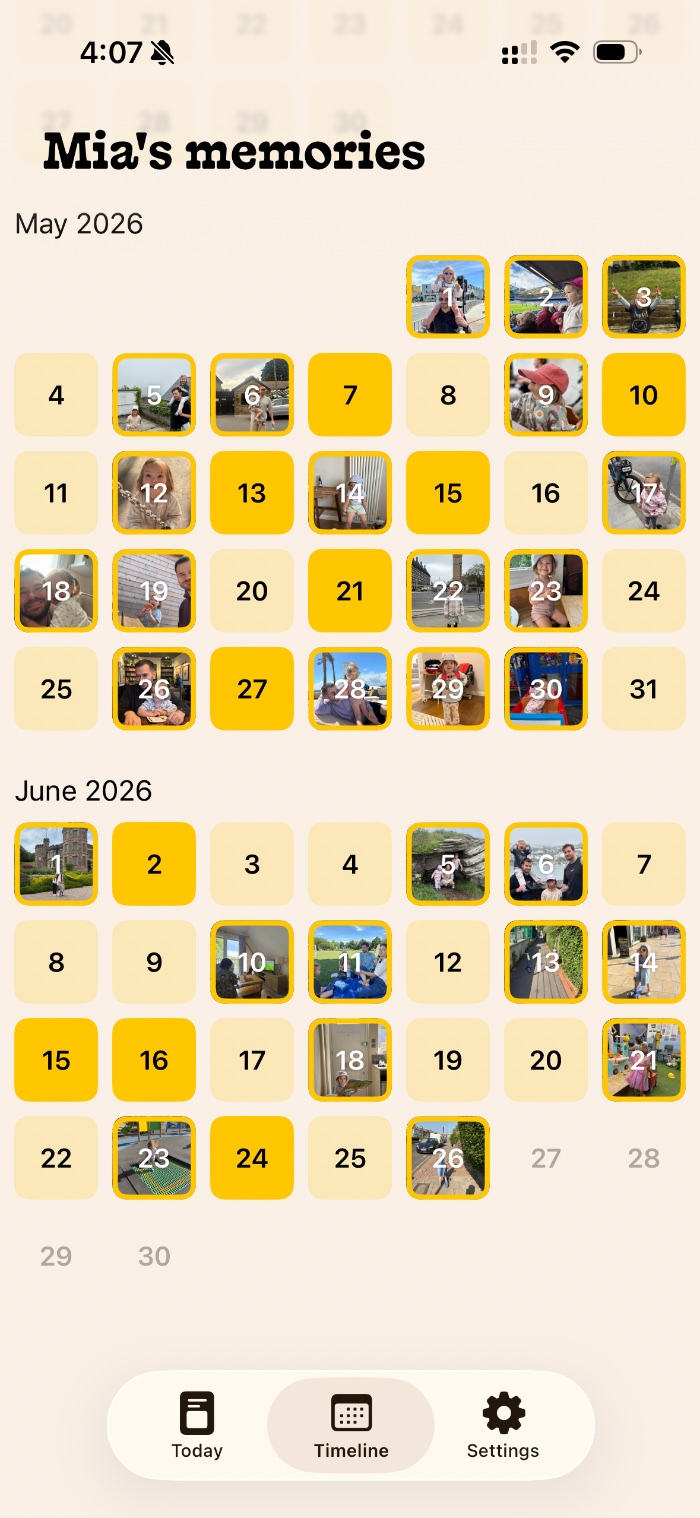 Chapter One Timeline: a calendar of days, each with the photo from that memory