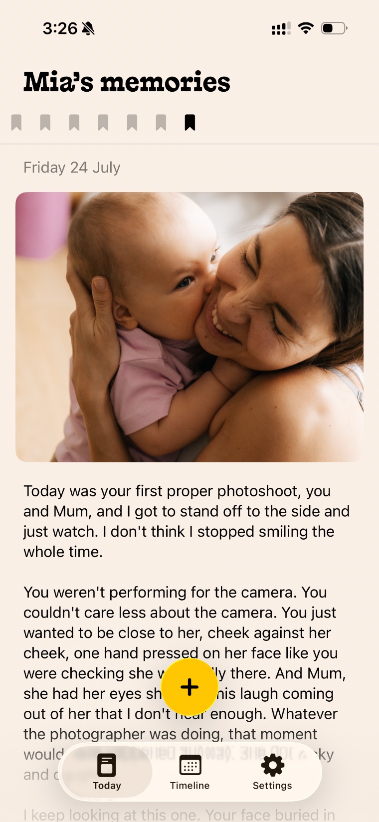 Chapter One Today screen: a journal entry with a photo of a parent kissing a baby