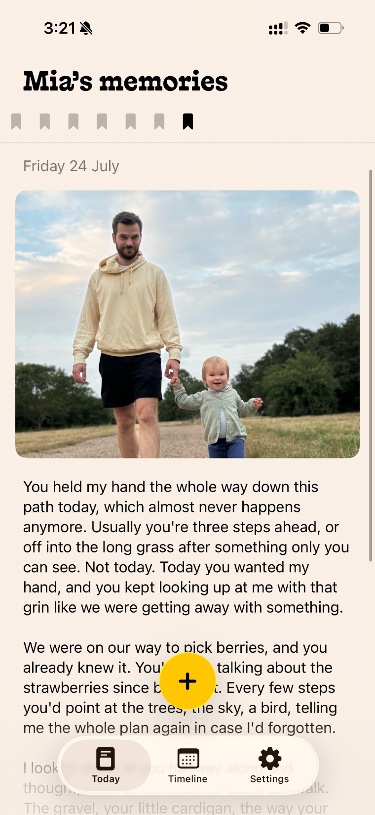 Chapter One Today screen: a journal entry with a photo of a parent and child walking
