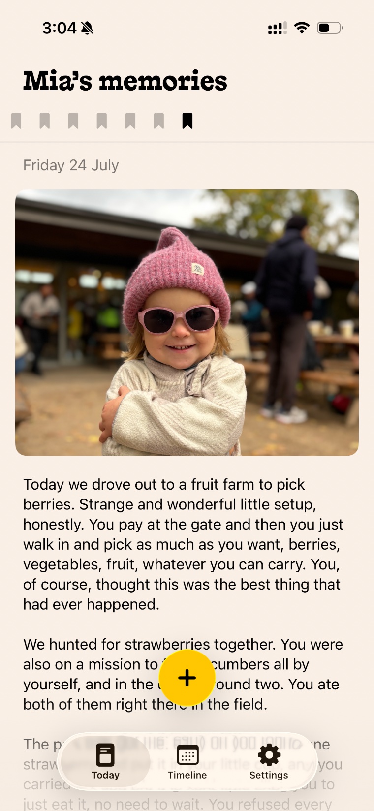 Chapter One Today screen: a journal entry with a photo of a child in sunglasses
